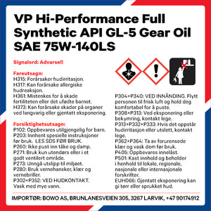 VP Hi-Performance SAE 75W-140 LS Full Synthetic GL-5 Gear Oil, qts
